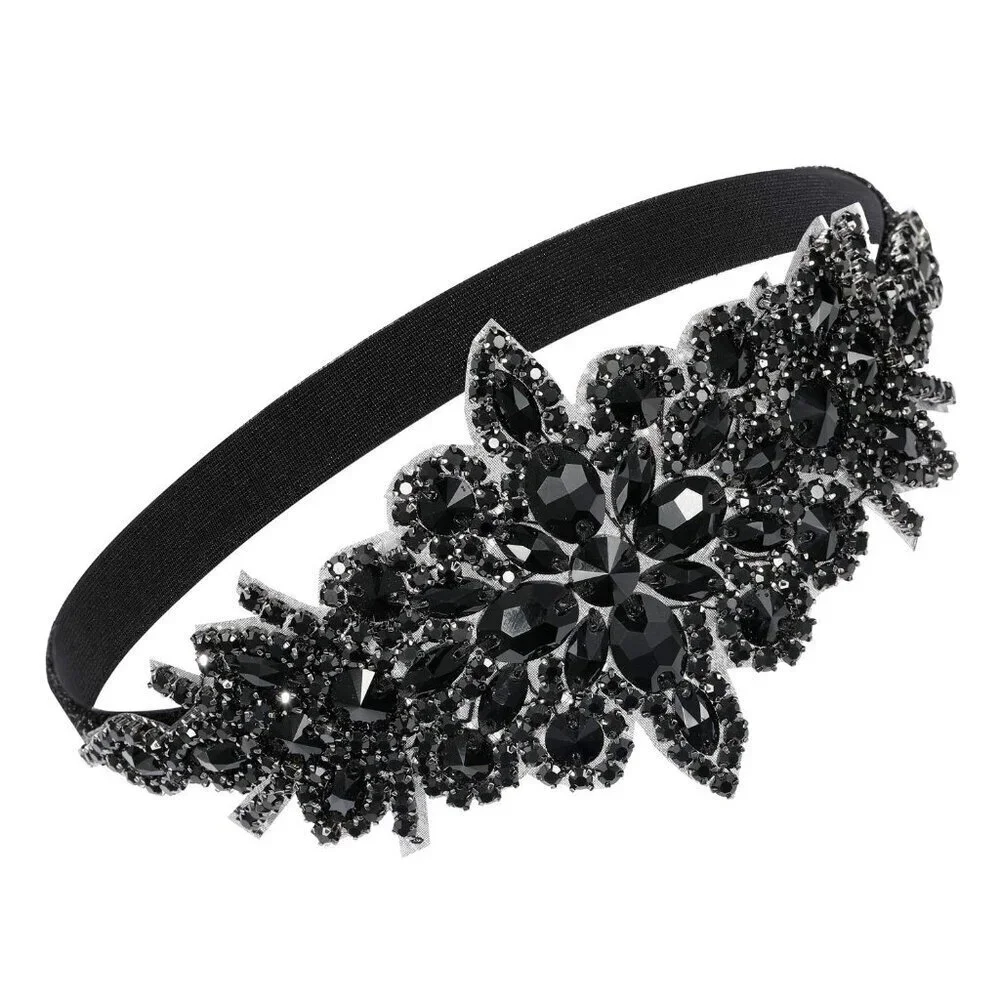 Black Rhinestone Flapper Headband Elastic 1920s Hair Accessories for Women